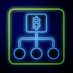 Poster - Glowing neon Blockchain technology Bitcoin icon isolated on blue background. Abstract geometric block chain network technology business. Vector