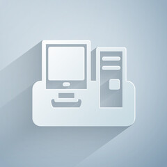 Poster - Paper cut Computer monitor with keyboard and mouse icon isolated on grey background. PC component sign. Paper art style. Vector