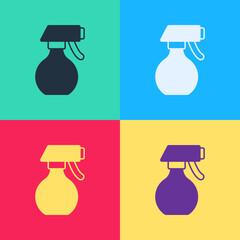 Sticker - Pop art Water spray bottle icon isolated on color background. Sprinkler for ironing. Vector