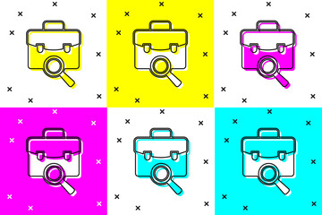 Poster - Set Magnifying glass with briefcase icon isolated on color background. Job hunting. Work search concept. Unemployment, head hunting, career. Vector