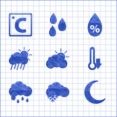 Poster - Set Sun and cloud weather, Cloud with snow, Moon stars, Thermometer, rain, sun, Water drop percentage and Celsius icon. Vector