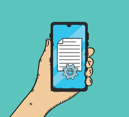 Leinwandbilder - Hand holding mobile phone with text document and cog on screen. Sketch style vecctor illustration