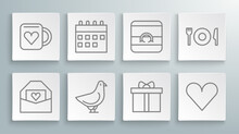 Set Line Envelope With Valentine Heart, Calendar, Dove, Gift Box, Heart, Wedding Rings, Plate, Fork And Knife And Coffee Cup Icon. Vector