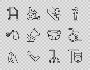 Wall Mural - Set line Blind human holding stick, IV bag, Disabled elevator, Prosthesis leg, Walker, Guide dog, Walking cane and Wheelchair icon. Vector