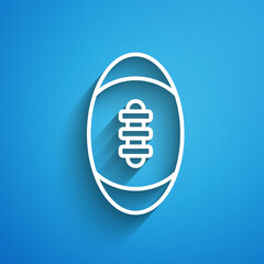 Sticker - White line American Football ball icon isolated on blue background. Rugby ball icon. Team sport game symbol. Long shadow. Vector