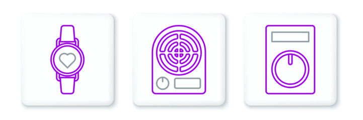 Poster - Set line Remote control, Smart watch showing heart beat rate and Electric heater icon. Vector