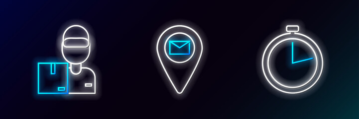 Sticker - Set line Stopwatch, Delivery man with cardboard boxes and Placeholder on map paper icon. Glowing neon. Vector