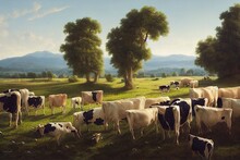 Countryside Landscape With Grazing Cows