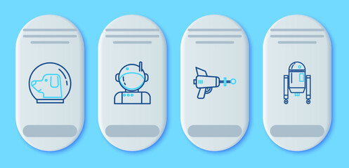 Poster - Set line Astronaut, Ray gun, Dog in astronaut helmet and Robot icon. Vector