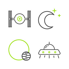 Poster - Set line UFO flying spaceship, Planet, Moon and stars and Cosmic icon. Vector