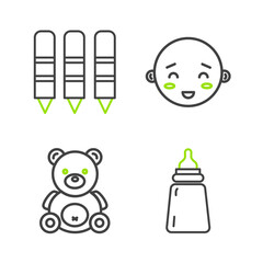 Poster - Set line Baby bottle, Teddy bear plush toy, Happy little boy head and Wax crayons for drawing icon. Vector