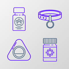 Sticker - Set line Dog medicine bottle and pills, Pet bed, Collar with name tag and icon. Vector