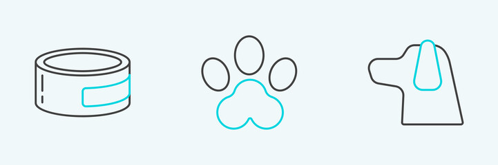 Poster - Set line Dog, Canned food and Paw print icon. Vector