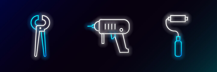 Sticker - Set line Paint roller brush, Pincers and pliers and Electric drill machine icon. Glowing neon. Vector