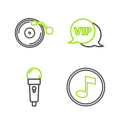 Wall Mural - Set line Music note, tone, Microphone, Vip in speech bubble and Vinyl player with disk icon. Vector