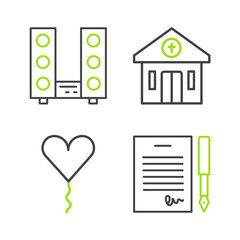 Sticker - Set line Marriage contract, Balloon in form of heart, Church building and Home stereo with two speakers icon. Vector