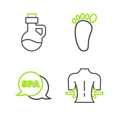 Wall Mural - Set line Massage, Spa salon, Foot massage and Essential oil bottle icon. Vector