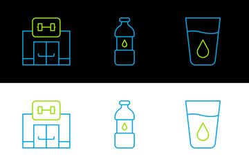 Sticker - Set line Glass with water, Gym building and Bottle of icon. Vector