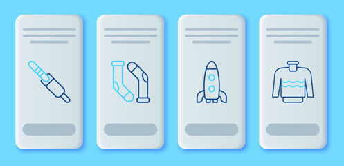 Poster - Set line Socks, Rocket ship, Audio jack and Sweater icon. Vector