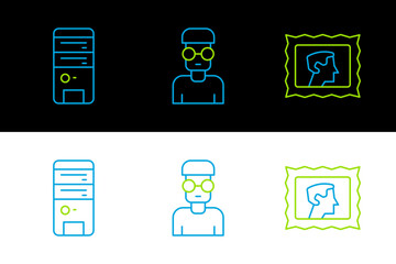 Poster - Set line Postal stamp, Computer and Nerd geek icon. Vector