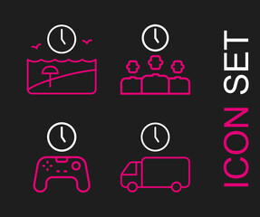 Sticker - Set line Delivery time, Gamepad of, Time Management and Vacation icon. Vector