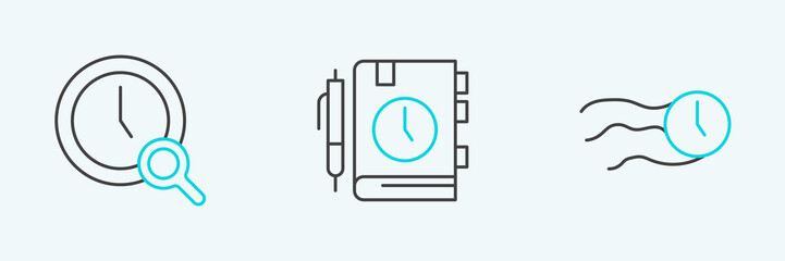 Poster - Set line Time flies on the clock, Magnifying glass with and Daily paper notepad icon. Vector