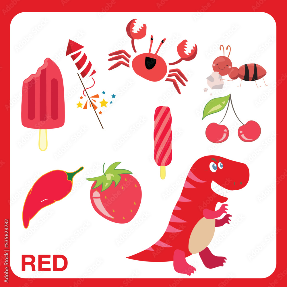 Ready to print worksheet red color objects. Learning about colors for kids.