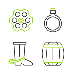 Sticker - Set line Gun powder barrel, Cowboy boot, Canteen water bottle and Revolver cylinder icon. Vector