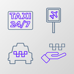 Poster - Set line Hand with taxi, Taxi car, Airport and Location icon. Vector