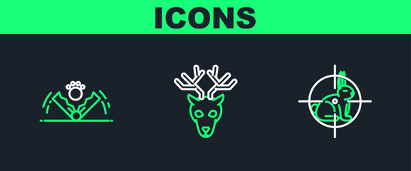 Sticker - Set line Hunt on rabbit with crosshairs, Trap hunting and Deer head antlers icon. Vector