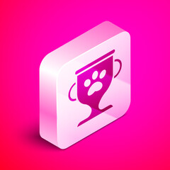 Wall Mural - Isometric Pet award symbol icon isolated on pink background. Medal with dog footprint as pets exhibition winner concept. Silver square button. Vector