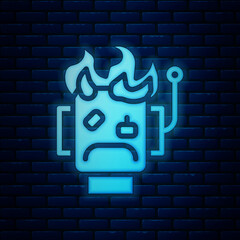 Poster - Glowing neon Robot burned out icon isolated on brick wall background. Vector
