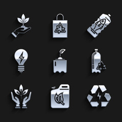 Wall Mural - Set Sprout in bottle, Bio fuel canister, Battery with recycle symbol, Recycling plastic, Plant hand of environmental protection, Light bulb lightning, Stop ocean pollution and icon. Vector