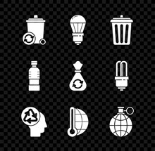 Set Recycle Bin With Recycle Symbol, LED Light Bulb, Trash Can, Human Head, Meteorology Thermometer Measuring, Planet Earth And Recycling, Bottle Of Water And Garbage Bag Icon. Vector