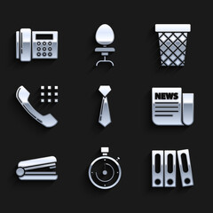 Sticker - Set Tie, Briefcase, Office folders with papers and documents, News, stapler, Telephone handset, Trash can and icon. Vector