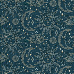Wall Mural - seamless pattern with magical elements. set of linear vector illustrations. celestial illustrations 