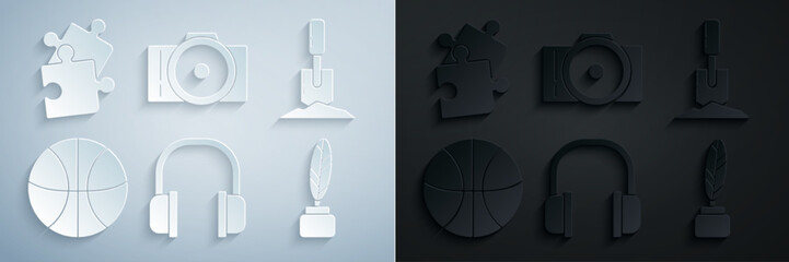 Sticker - Set Headphones, Shovel in the ground, Basketball ball, Feather and inkwell, Photo camera and Piece of puzzle icon. Vector