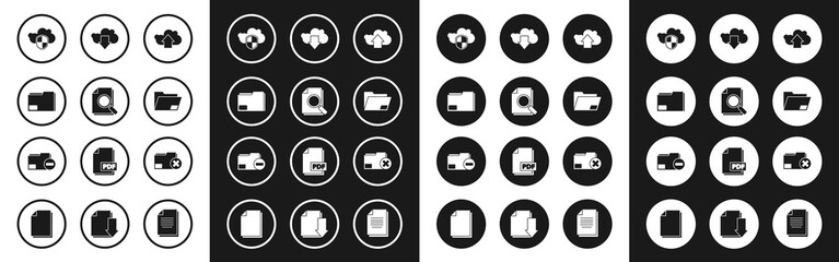 Sticker - Set Cloud upload, Document with search, folder, and shield, download, Delete and minus icon. Vector