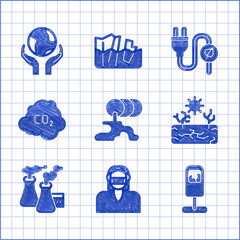 Sticker - Set Barrel oil leak, Face in protective mask, Trash can, Drought, Smoke from factory, CO2 emissions cloud, Electric saving plug leaf and Hands holding Earth globe icon. Vector