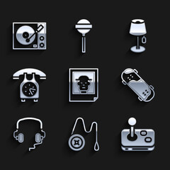 Canvas Print - Set Photo, Yoyo toy, Joystick, Skateboard trick, Headphones, Telephone handset, Floor lamp and Vinyl player icon. Vector