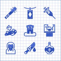 Wall Mural - Set Arson home, Bloody knife, Poison in bottle, Broken window, Thief mask, Burning car, Syringe and Baseball bat with nails icon. Vector