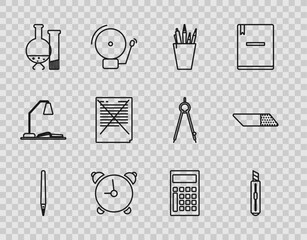 Wall Mural - Set line Pen, Stationery knife, Pencil case stationery, Alarm clock, Test tube and flask chemical laboratory test, Exam paper with incorrect answers survey, Calculator and Eraser rubber icon. Vector