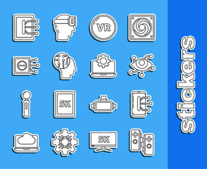 Sticker - Set line Gamepad, Smartphone, mobile phone, Virtual reality, Human brain as digital circuit board, Remote control, Tablet and Laptop and gear icon. Vector