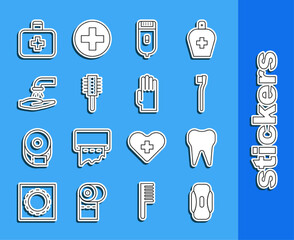 Wall Mural - Set line Sanitary napkin, Tooth, Toothbrush, Electrical hair clipper or shaver, Hairbrush, Washing hands with soap, First aid kit and Rubber gloves icon. Vector