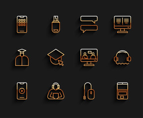 Poster - Set line Online play video, Student, Mobile phone, Computer mouse, Laptop, Graduation cap globe, Headphones and education icon. Vector