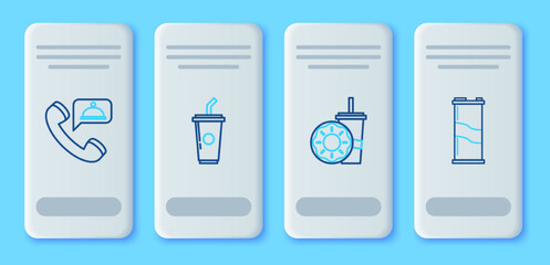 Sticker - Set line Paper glass with drinking straw and water, donut, Food ordering and Soda can icon. Vector