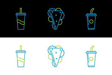 Sticker - Set line Paper glass with drinking straw and water, and Sandwich icon. Vector