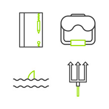 Set Line Neptune Trident, Shark Fin In Ocean Wave, Diving Mask And Underwater Note Book And Pencil Icon. Vector