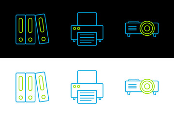 Sticker - Set line Presentation, movie, film, media projector, Office folders with papers and documents and Printer icon. Vector