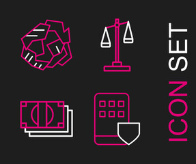 Sticker - Set line Smartphone insurance, Stacks paper money cash, Scales of justice and Crumpled ball icon. Vector